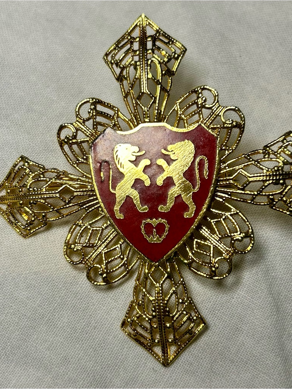 Vintage Gold Red Enamel Heraldic Maltese Cross Brooch
